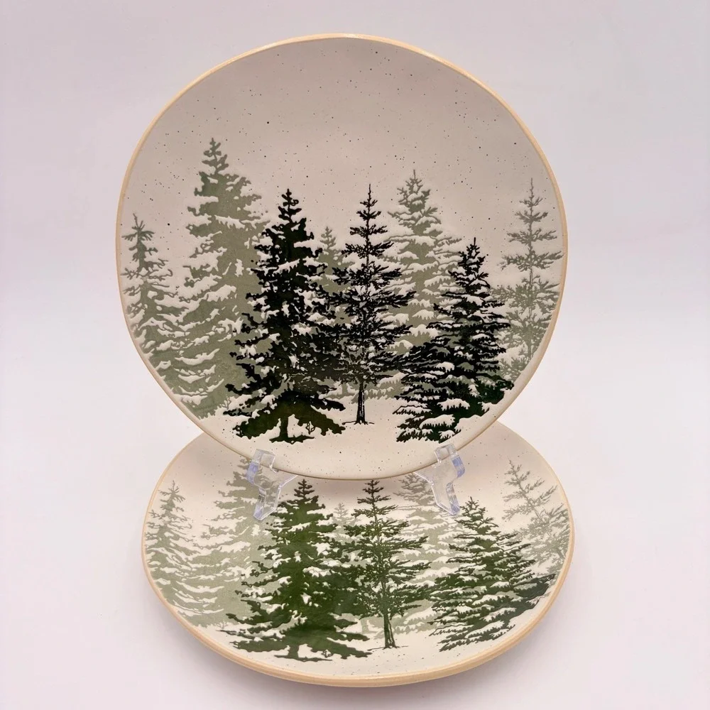 Eli + Ana Set of 2 Forest Woods Woodland Pine Tree Salad Plates Rustic Ceramic